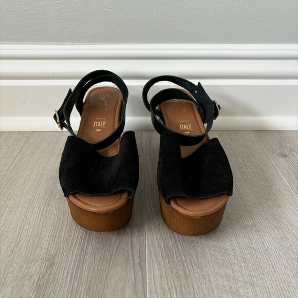 Seychelles Open Toe Wedge - Black Suede and Brown Wood-like - Picture 6 of 10